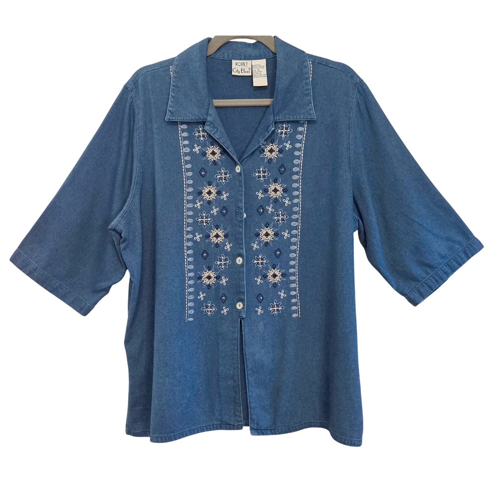 Koret City Blues Cottage Boho Embroidered Floral Denim Blue Button Front Top XL